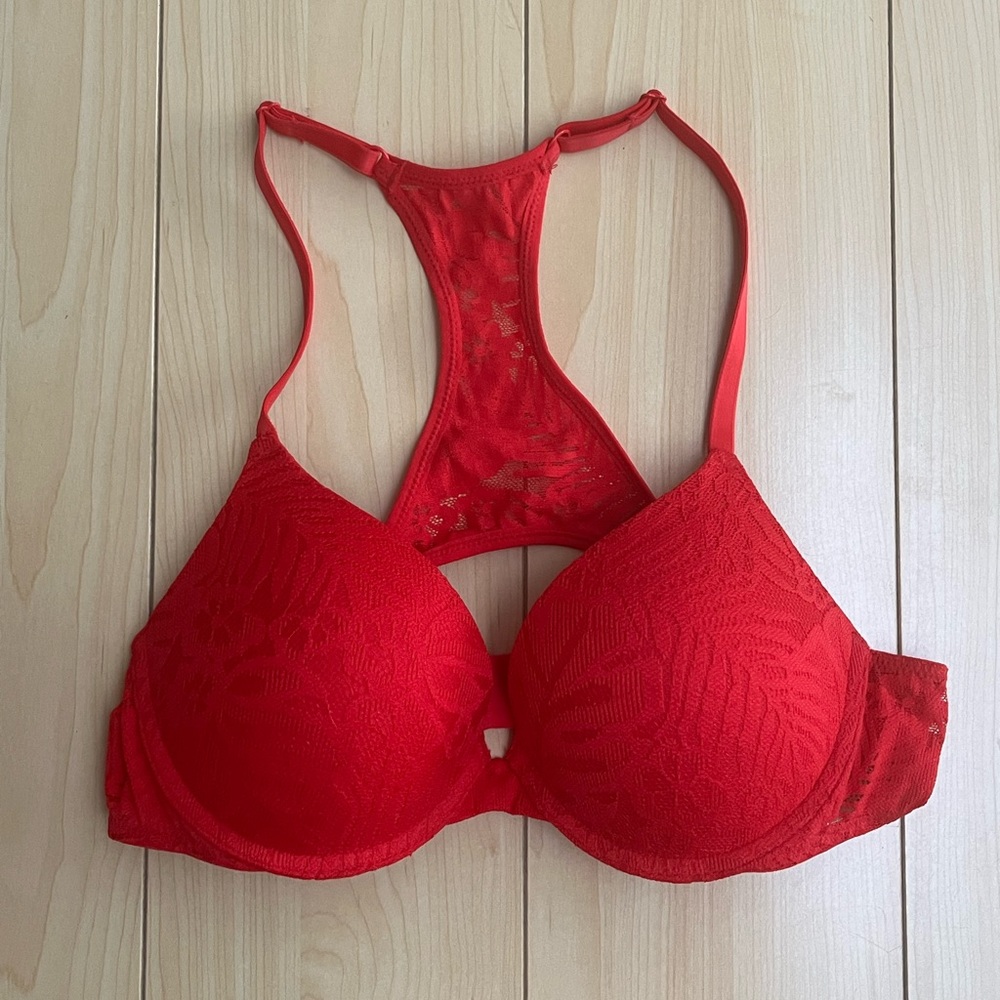 Pink Victoria Secret Red Racerback Push-up Bra 34B